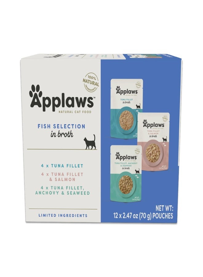 Applaws Natural Wet Cat Food in Broth, Limited and Natural Ingredients, High Protein with No Artificial Additives, Fish Variety Selection in Broth (12 x 2.47oz Pouches) - Image 1